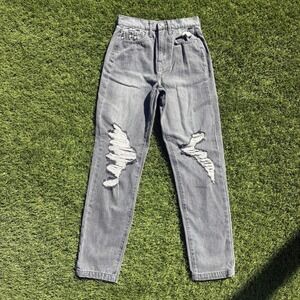 RSQ Women 26x28 Distressed High Rise Mom Jeans Faded Grey Ripped Denim Pants Y2K